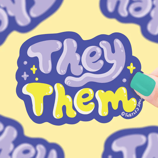 They/Them Pronouns Sticker with purple and yellow text on blue background, weatherproof and vinyl, showing pride and identity.