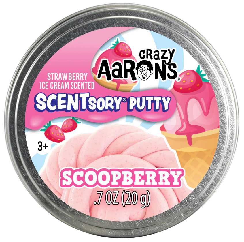 SCENTsory Scoopberry Thinking Putty in tin, strawberry ice cream scented, soft pink textured putty inside.