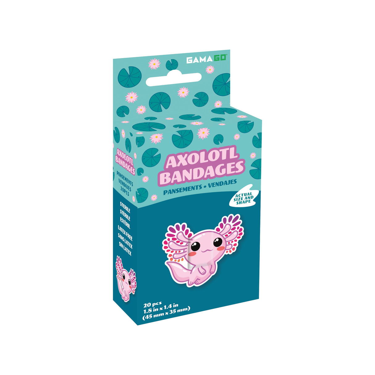 Box of 20 sterile Axolotl Bandages with cute axolotl design, latex-free and perfect for covering small cuts and boo-boos.