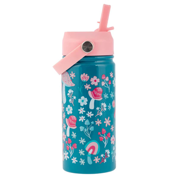 Blue insulated water bottle with pink lid and mushroom floral design featuring a pivoting handle and flip straw for kids.