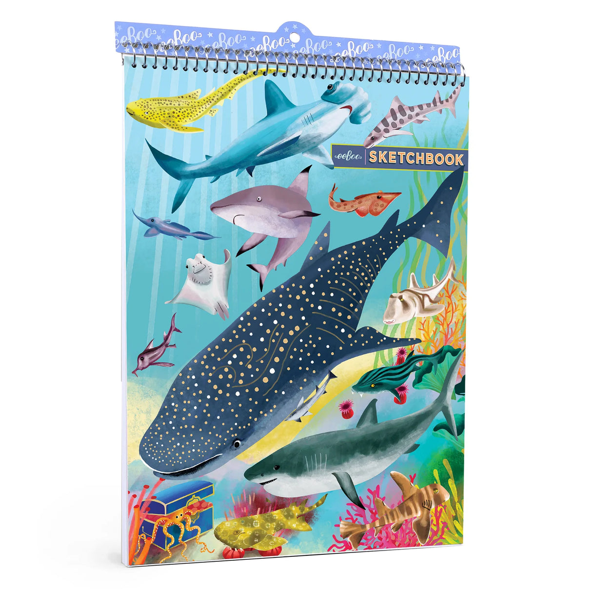 Shark Sketchbook with colorful shark and sea creature illustrations on durable spiral-bound cover, perfect for sketching.