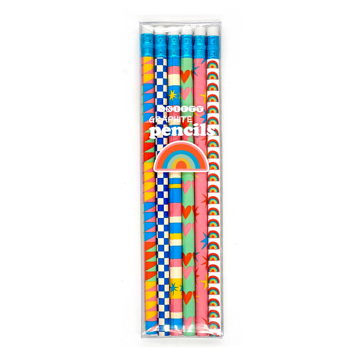 Boxed set of six Geo Love Pencils with colorful geometric and heart designs on #2 graphite pencils.
