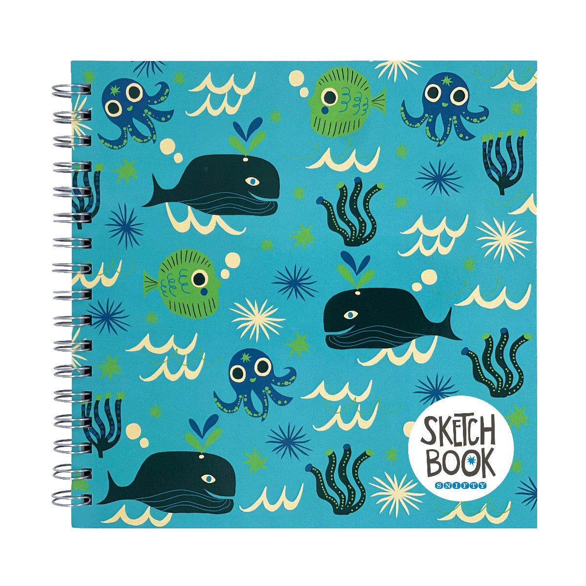 Square Sketchbook | Ocean Friends with 9x9 inch size, spiral bound, featuring whimsical ocean animal illustrations on cover.