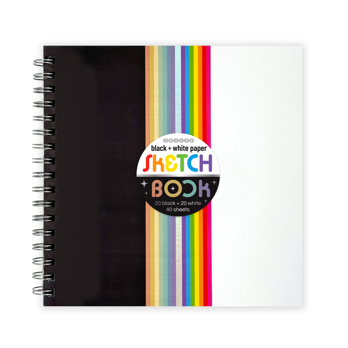 Black & White Paper Sketchbook with spiral binding, 40 perforated black and white sheets, and colorful striped cover design.