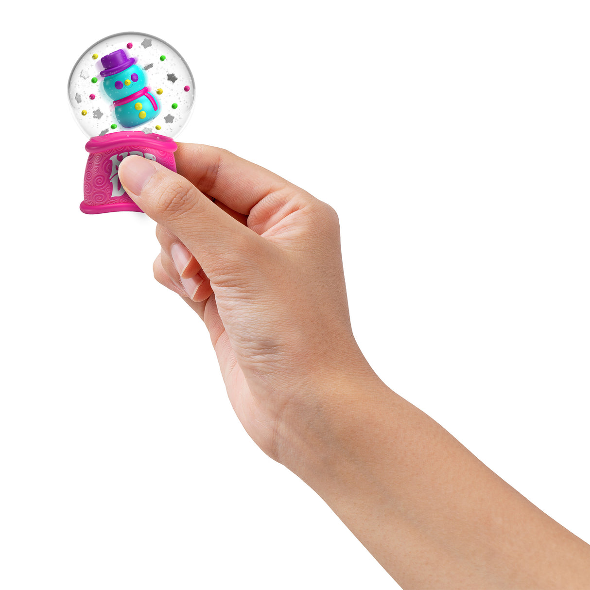 Hand holding a NeeDoh Squish n' Snow Globe with a colorful snowman inside, demonstrating its squishy sensory toy design.