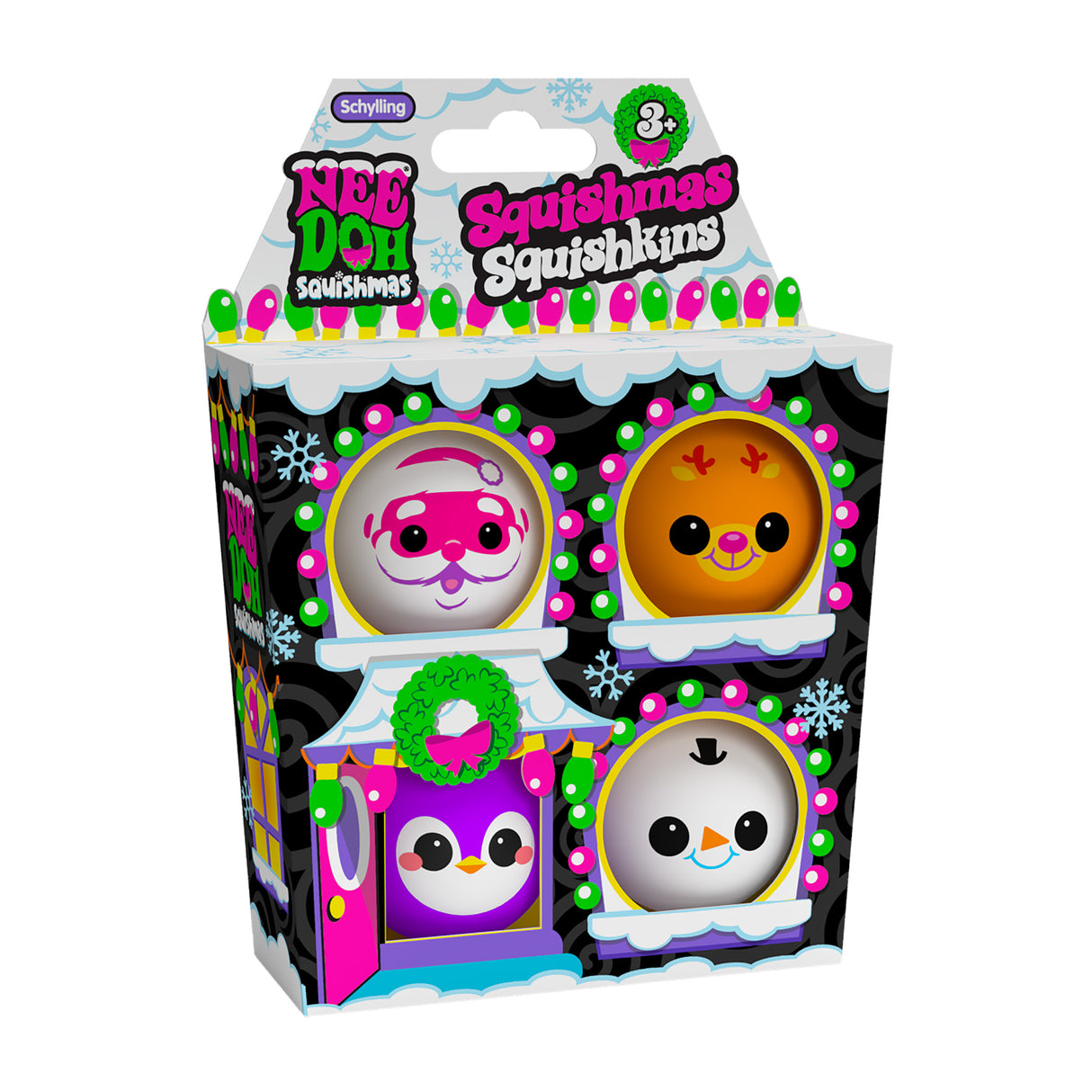 NeeDoh Squishmas Squishkins pack features four soft, squeezable Christmas-themed characters in a decorative gingerbread house.