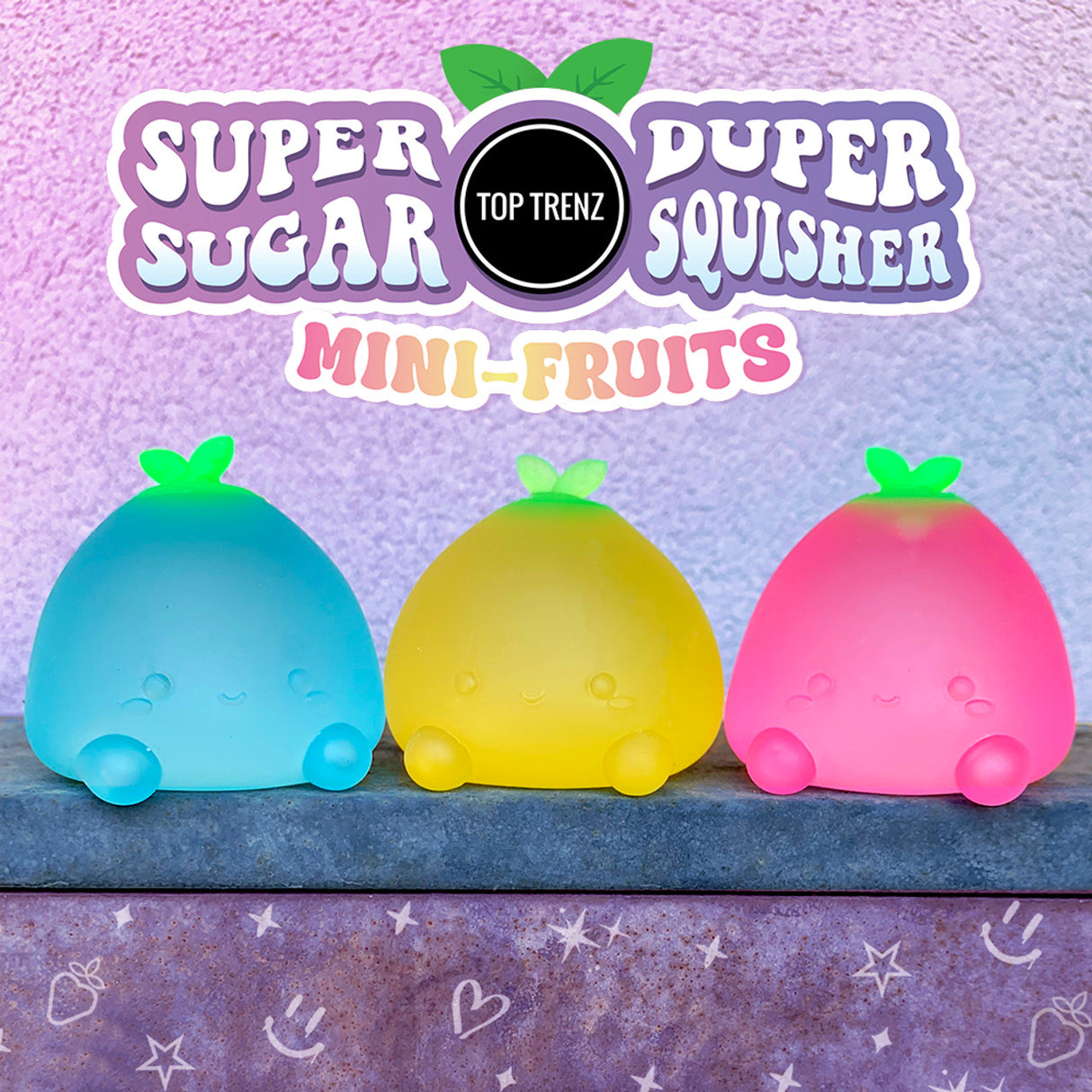 Super Duper Sugar Squisher Mini Fruits three colorful squishy fruit toys with cute faces on a purple background.