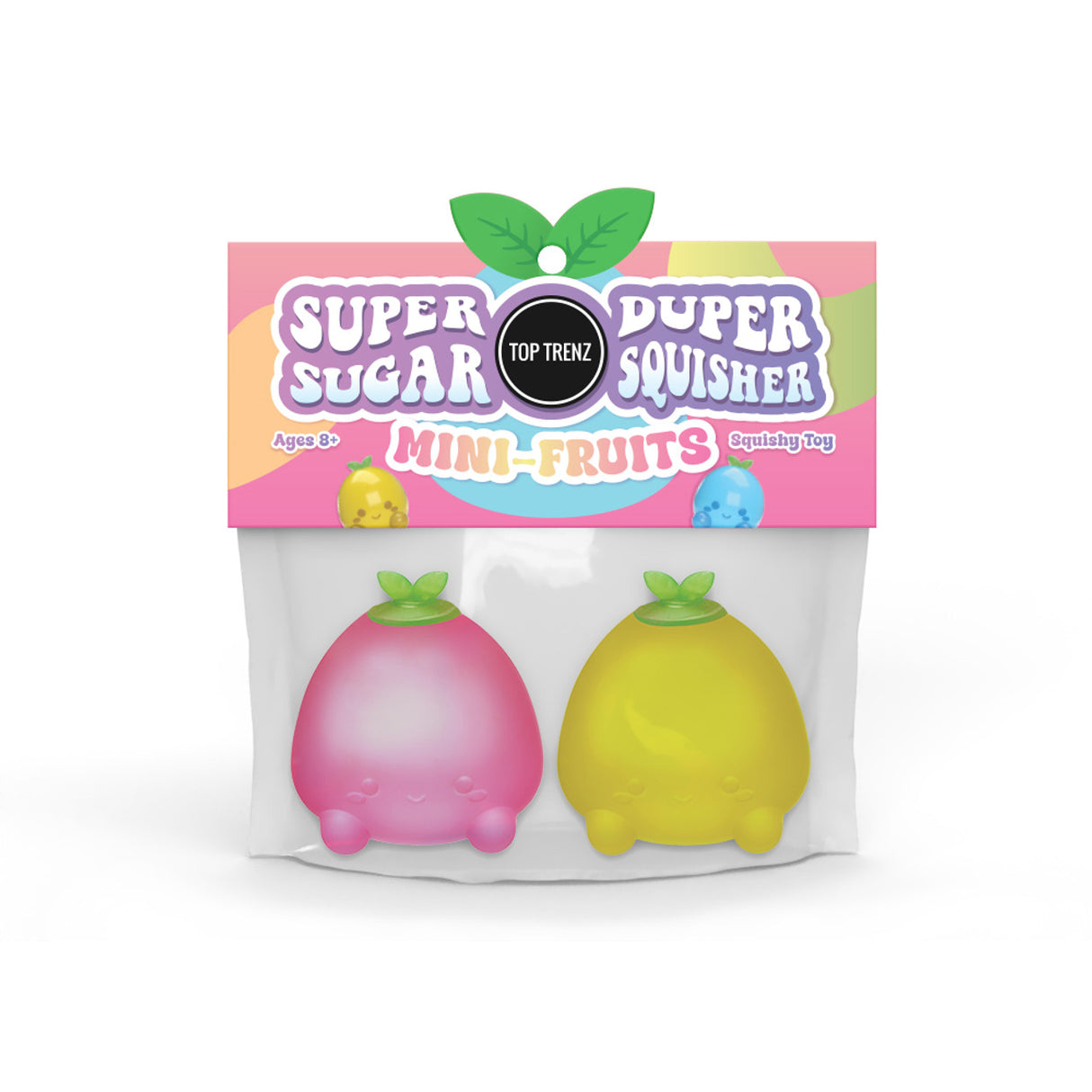 Super Duper Sugar Squisher Mini Fruits two-pack featuring pink and yellow squishy fruit characters in colorful packaging.