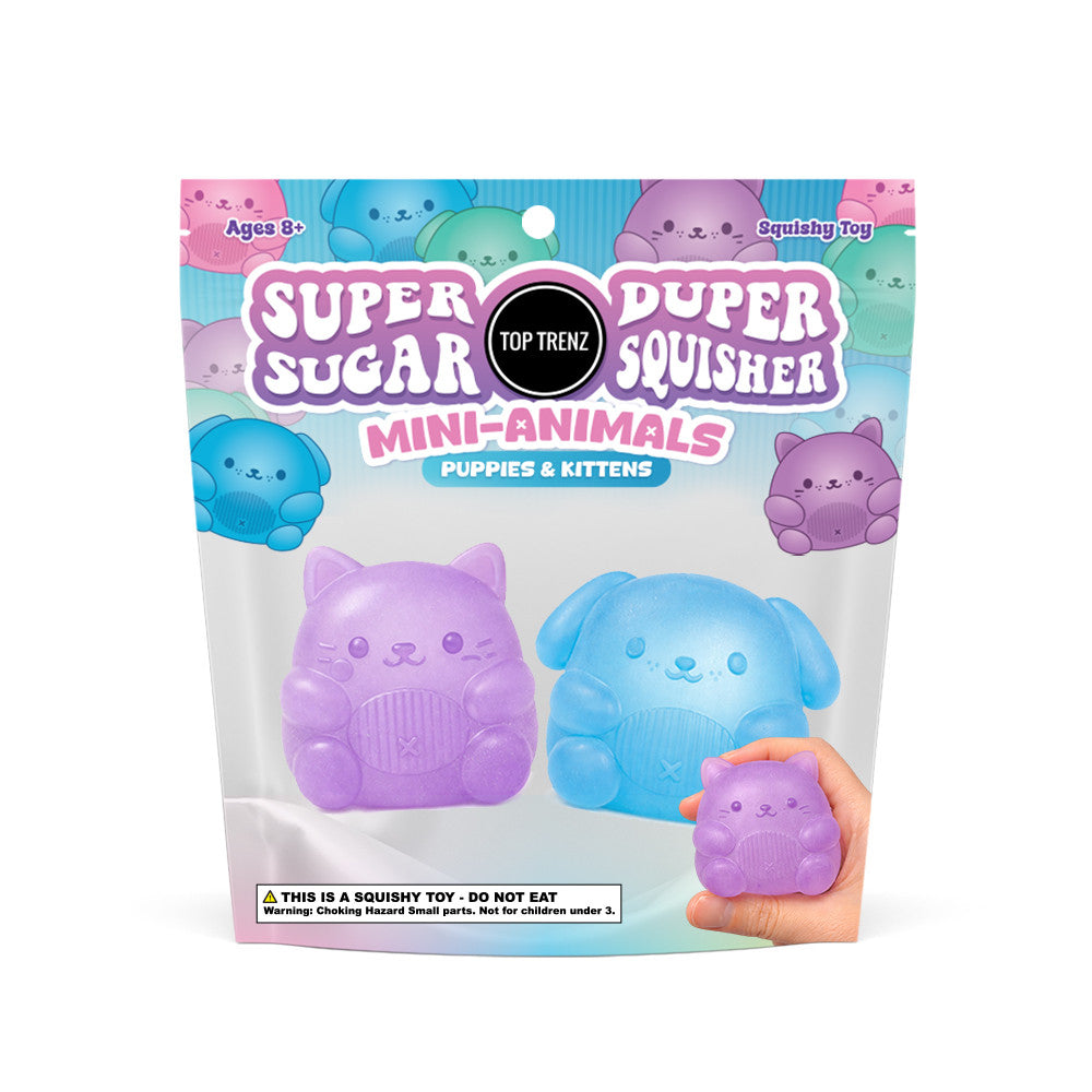 Super Duper Sugar Squisher | Mini Puppies & Kittens packaging with purple kitten and blue puppy squishy toys
