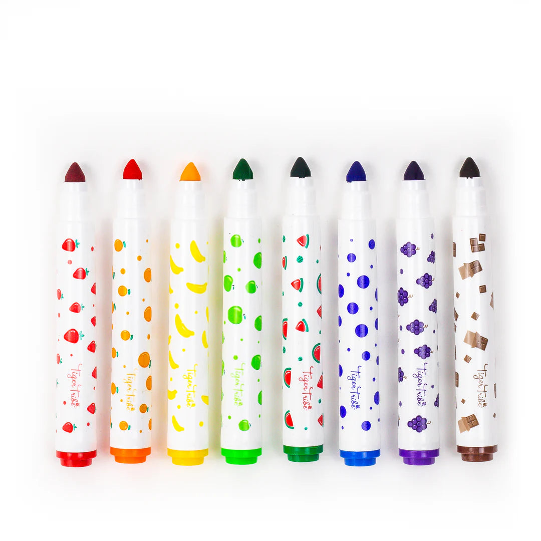 Scented Markers set featuring colorful, fragrant markers with fruit and chocolate icons for creative, kid-friendly fun.