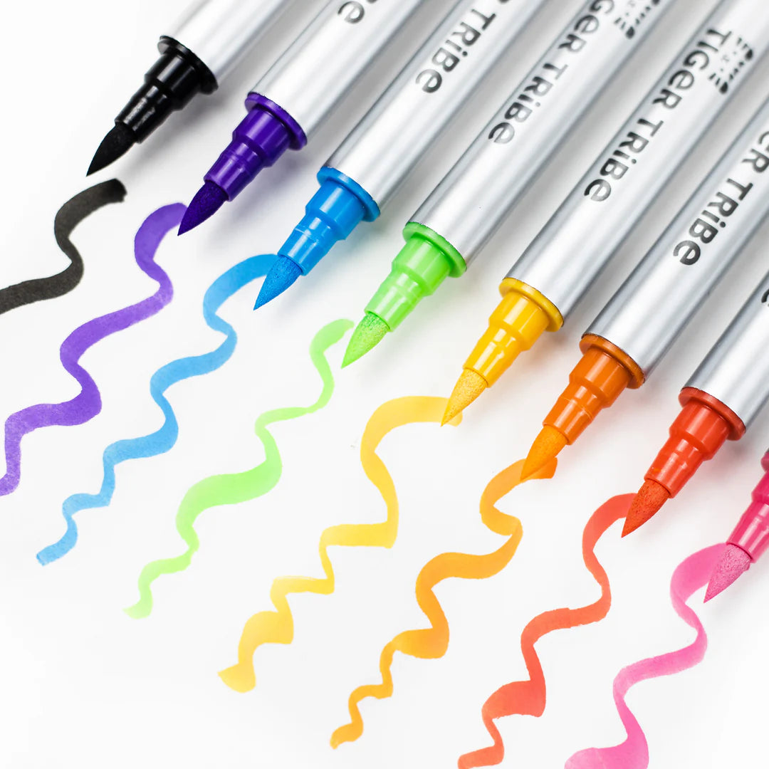 Dual-Tip Paint Pens with vibrant brush and round tips creating colorful wavy lines on white background.