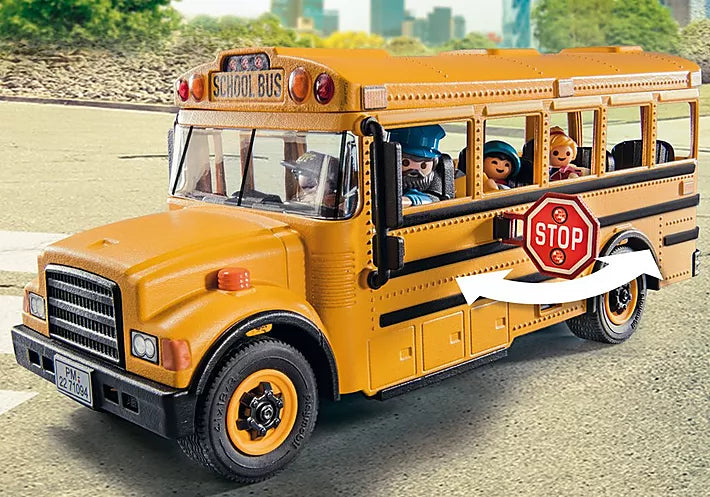 City Life | School Bus toy with driver, students, stop sign, removable roof, and flashing lights in a city setting.