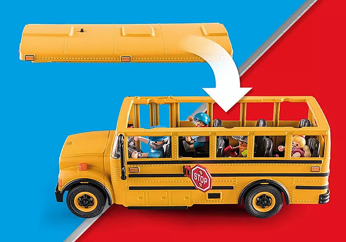 City Life | School Bus toy with removable roof, side swing door, stop sign, and seven seats including driver and passengers.