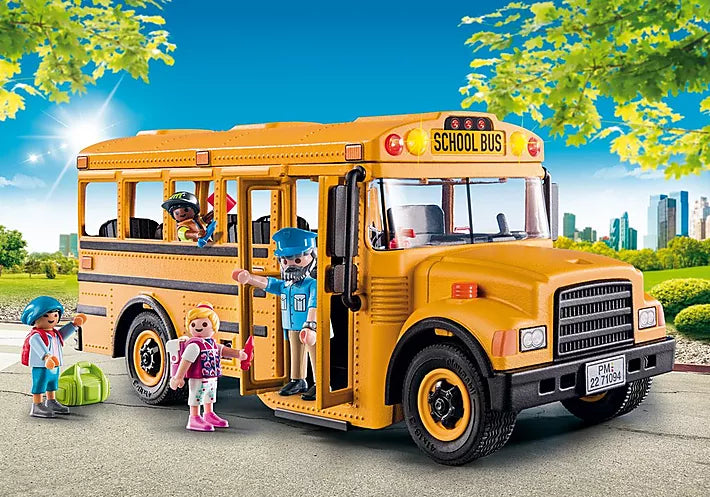 City Life | School Bus toy with driver and children, side swing door, removable roof, and flashing lights.