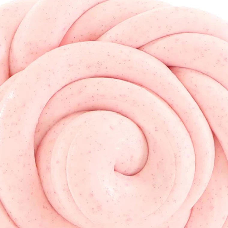 Close-up of smooth, creamy pink swirl texture of SCENTsory Scoopberry Thinking Putty with strawberry and vanilla scent.