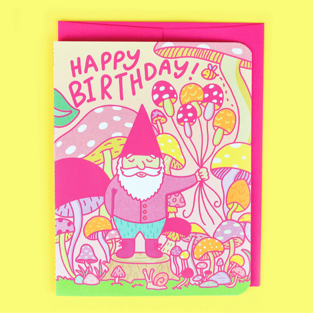 Woodland Gnome Fairy Mushroom Birthday Card with garden gnome holding mushroom balloons and happy birthday text.