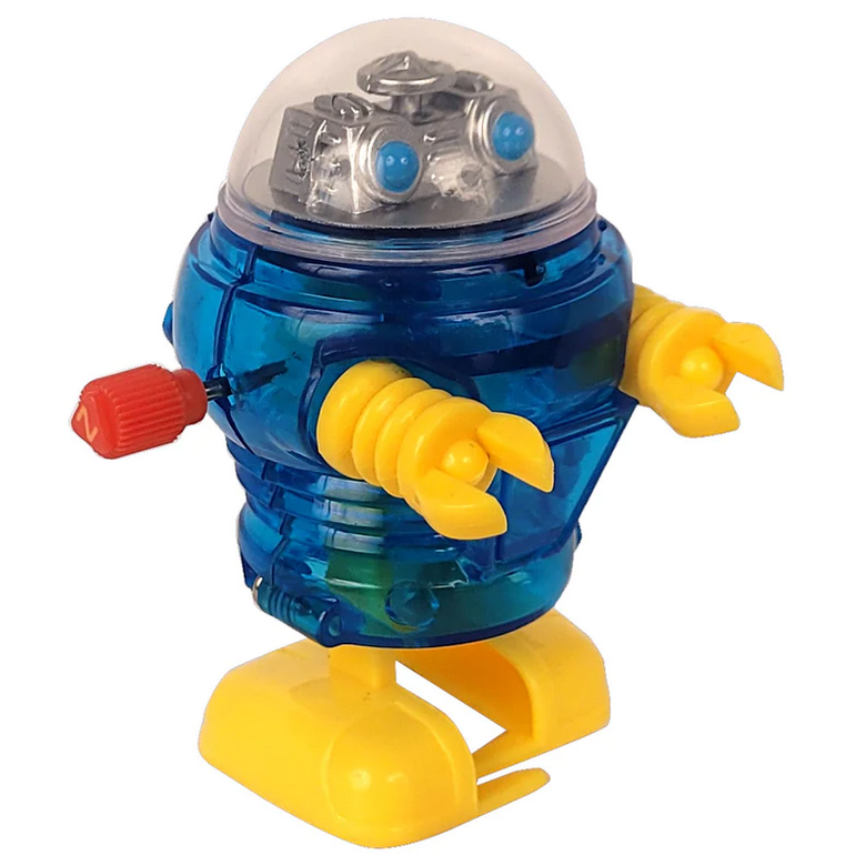 Z Wind Ups | Robot Neutron wind-up toy with spinning gears, blue body and yellow arms, 2.5" tall, fun for ages 3 and up.