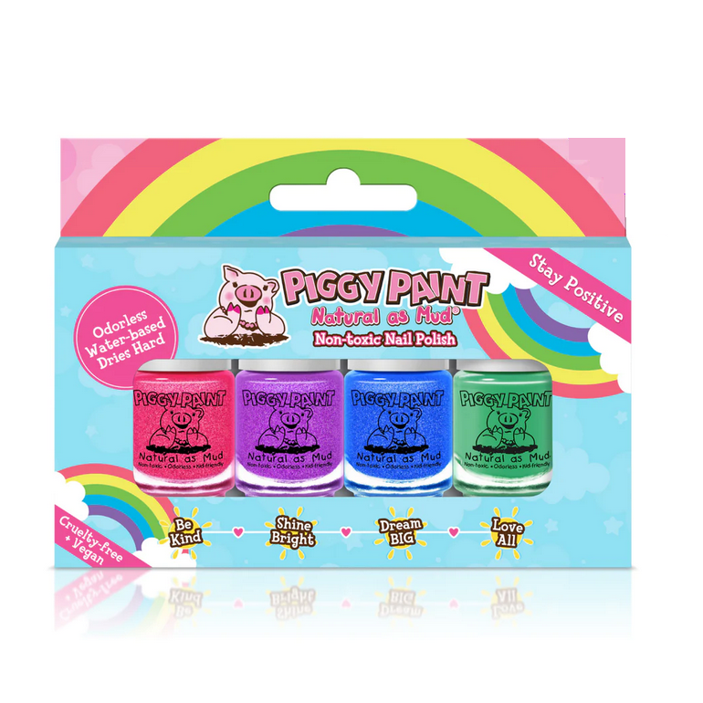 Nail Polish Rainbow Set with 4 colorful Piggy Paint mini polishes, non-toxic, odorless, cruelty-free, and vegan.