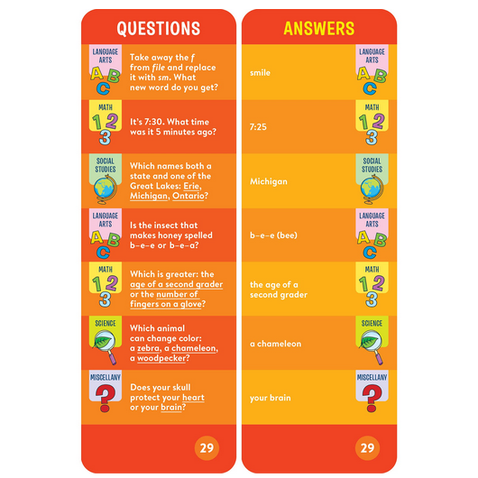 Brain Quest: Grade 2 question and answer cards covering language arts, math, social studies, science, and miscellany topics.