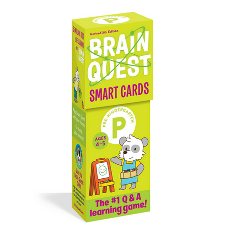 Brain Quest: Preschool smart cards box for ages 4-5 with a cartoon panda and educational Q&A learning game design.