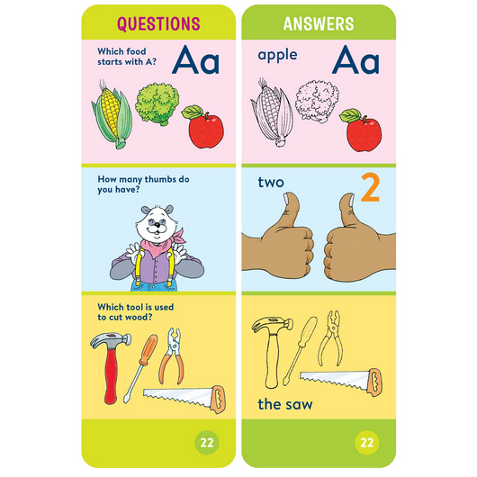 Brain Quest: Preschool flashcards showing questions and answers on food, numbers, and tools for ages 4-5.