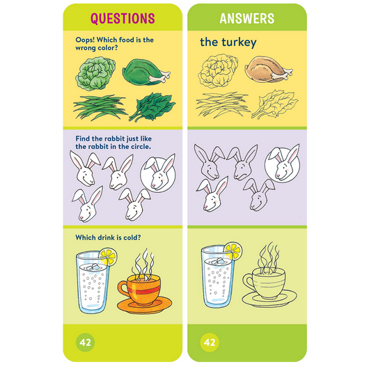 Brain Quest: Preschool question and answer card with food, rabbits, and drinks for early learning and fun.