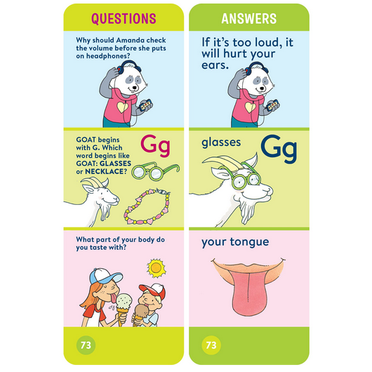 Brain Quest: Preschool flashcards showing questions and answers with colorful illustrations for kids aged 4-5.