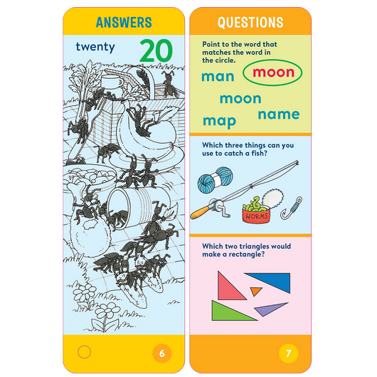Brain Quest: Kindergarten educational game cards featuring counting, word matching, and shape questions for ages 5-6.