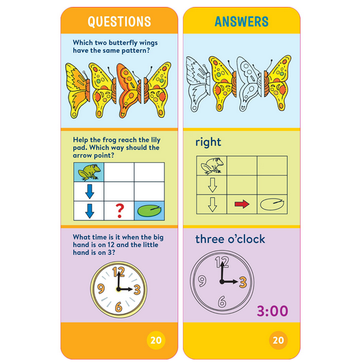 Brain Quest: Kindergarden question and answer card featuring butterflies, frog puzzle, and clock time learning.