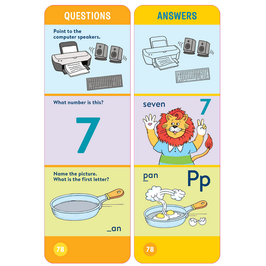 Brain Quest: Kindergarten flashcards showing questions and answers for number seven, letter P, and computer speakers.