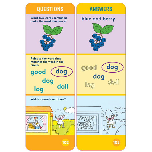 Brain Quest: Kindergarden question and answer cards featuring word and picture-based learning activities for ages 5-6.