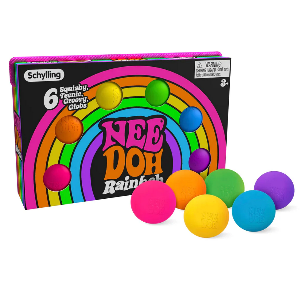 NeeDoh Teenie Rainboh colorful squishy balls set with six groovy rainbow colors for sensory and fidget fun.