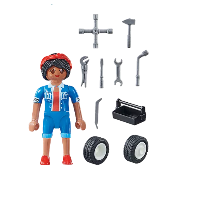 Special Plus | Mechanic figure with tools, tires, and toolbox for imaginative play and car repairs.
