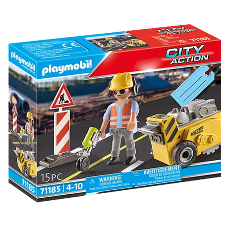 City Action | Construction Worker set with mini figure, road sections, construction tools, and warning signs for kids 4-10.