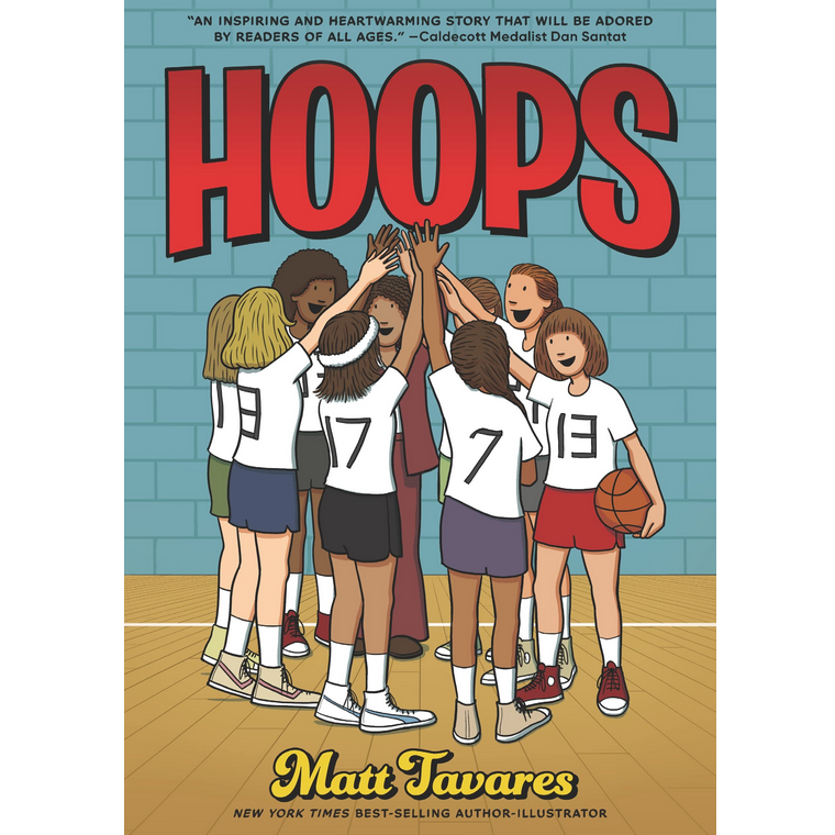 Hoops book cover showing a high school girls' basketball team celebrating with their coach in a gym.