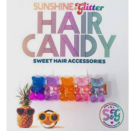 Hair Candy Gummy Bear Clip in assorted colors displayed with a colorful Sunshine & Glitter background.