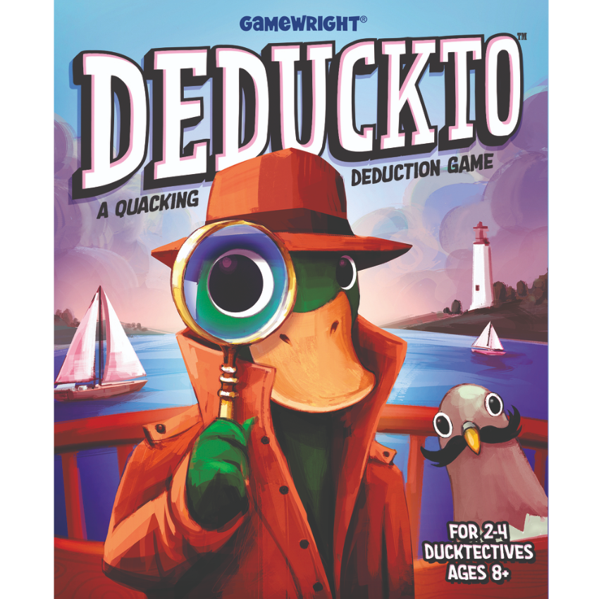 Deduckto cover shows a duck detective with magnifying glass by water and lighthouse, a deduction game for ages 8 and up.