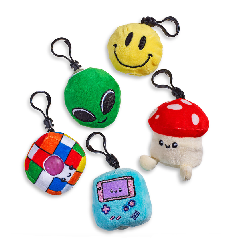 Beadie Buddies 90s Keychain soft plush fidget toys with poppable beads in colorful 90s-inspired designs.