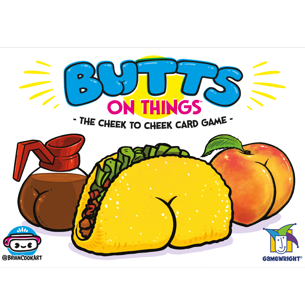 Butts On Things card game box featuring playful taco, peach, and coffee pot artwork by Brian Cook.