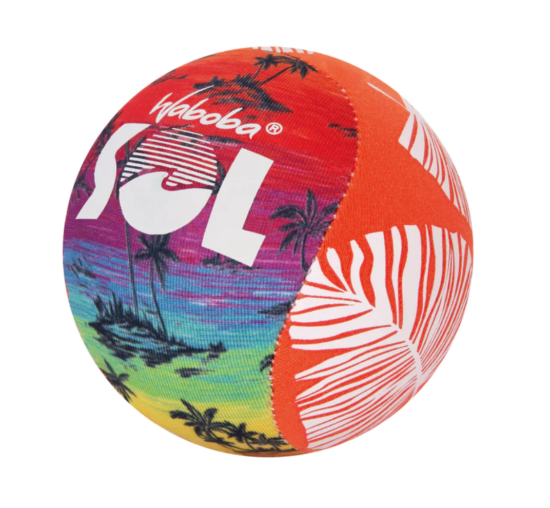 Waboba SOL Ball with colorful tropical design, foam and lycra cover, bounces on water for pool, lake, or ocean play.