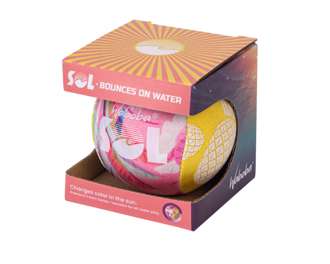Waboba SOL Ball foam ball with lycra cover, changes color in sun, bounces on water, ideal for pool and beach play.