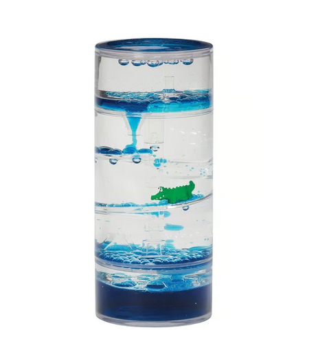 Liquid Timer Spiral Alligator with blue liquid spiraling around a green alligator inside a clear cylinder.