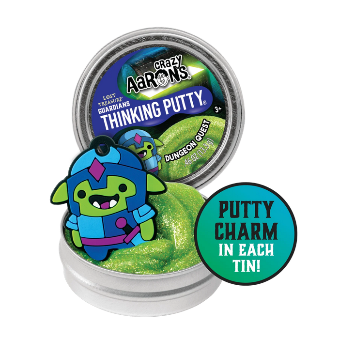 Mini Lost Treasure Guardians Thinking Putty in glittery green with a Dungeon Quest guardian charm in a collectible tin.