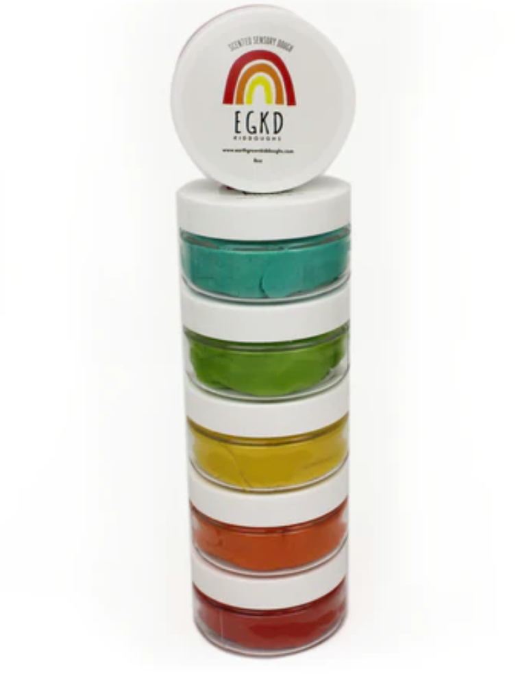 KidDough Mini Rainbow | Bright non-toxic colorful dough stacked in clear containers with white lids and rainbow logo.