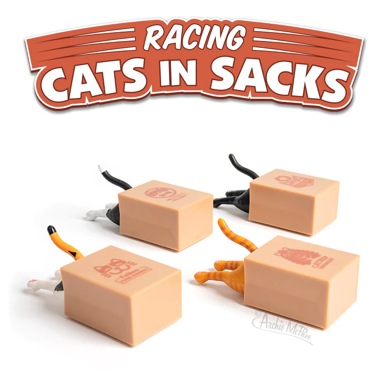 Racing Cat in Sack toy showing the back half of playful cats in plastic sacks with business logos, assorted styles.