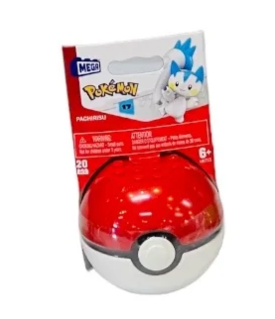 Mega Construx Pokemon Ball featuring buildable figure Pachirisu in display Poké Ball packaging for ages 6+
