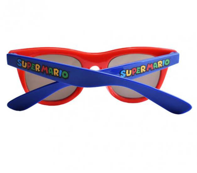 Arkaid Super Mario Sunglasses with red frames and blue arms featuring colorful Super Mario logo on the sides.