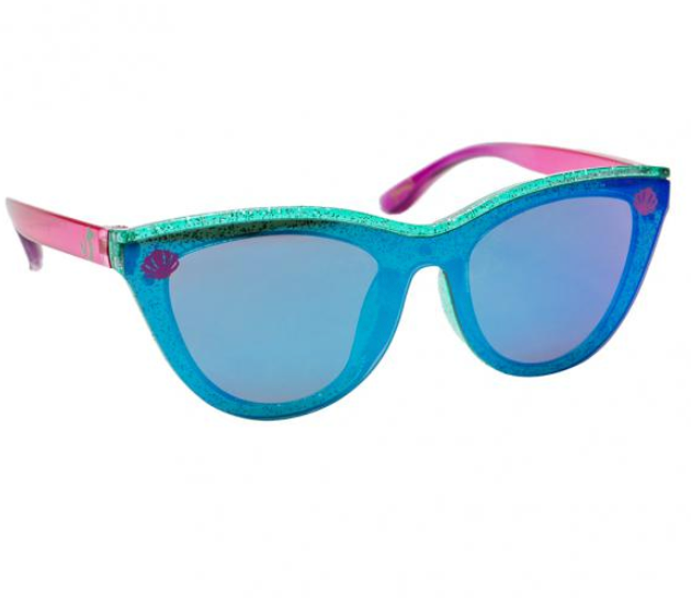 Arkaid The Little Mermaid Sunglasses with iridescent blue-green frame and pink temple arms, perfect for sunny beach days.