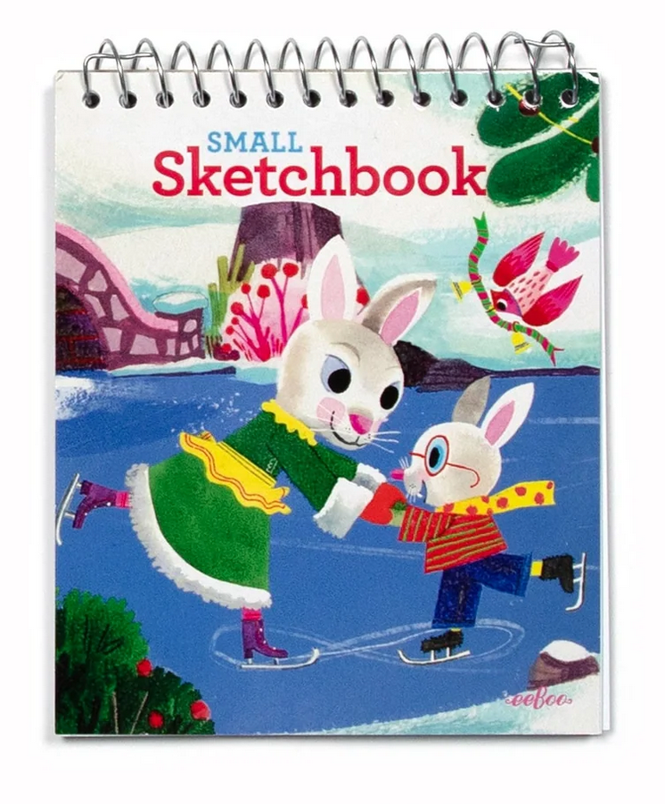 Small Sketchbook | Winter with a spiral-bound cover showing two rabbits ice skating in colorful winter clothes.