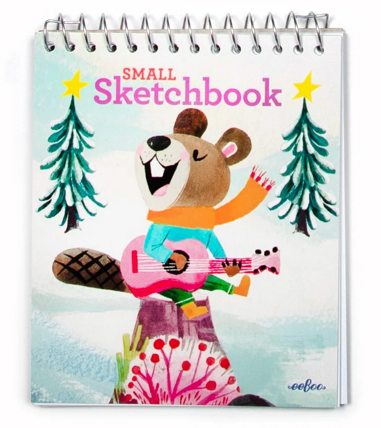 Small Sketchbook | Winter with a cheerful beaver playing guitar amid snowy pine trees and winter landscape illustration.